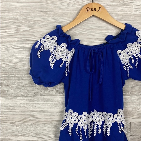 Navy Floral Off Shoulder Short Sleeve Blouse - Picture 2 of 5